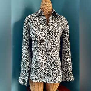 Jones New York Women’s Blouse Animal Print Zip Front 100% Cotton Size Large